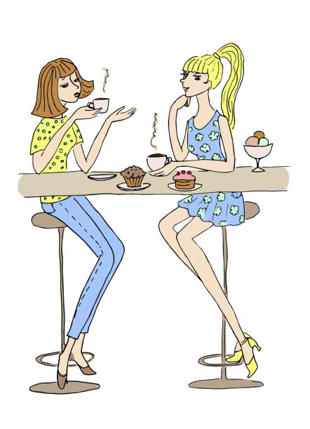 Two girls with coffee cups and cakes sittitn at the table in cafe and talking. Vector hand drawn sketch.