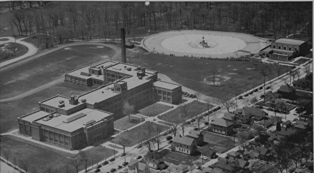 Aerial view of Park High School circa 1950