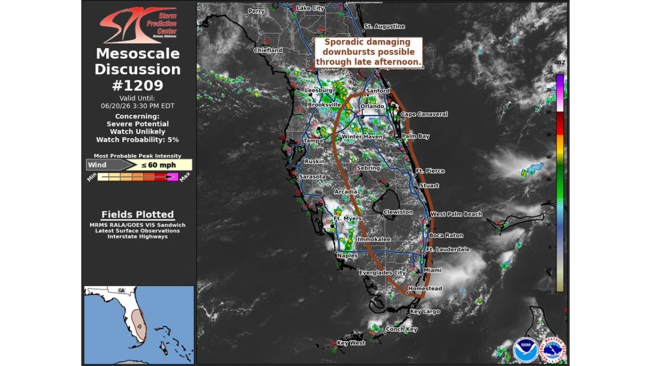 Florida Faces Sporadic Damaging Wind Gusts Up to 60 MPH From Orlando to Miami Through Late Afternoon