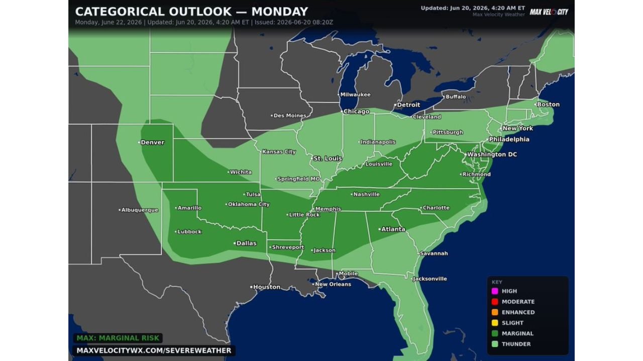 Texas, Oklahoma, Arkansas, Tennessee, Missouri, and the Carolinas Face Monday Severe Weather Threat With Widespread Thunderstorms and Marginal Storm Risk