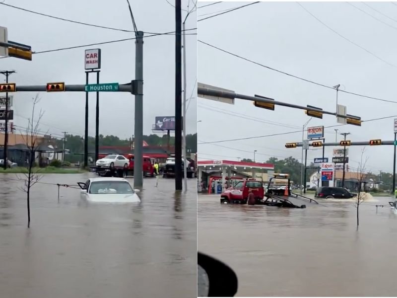 Tow Truck Operator Hooks Chain to Passenger Door to Pull Flooded Car in Marshall, Texas, Causing Vehicle to Flip Over During Recovery Attempt